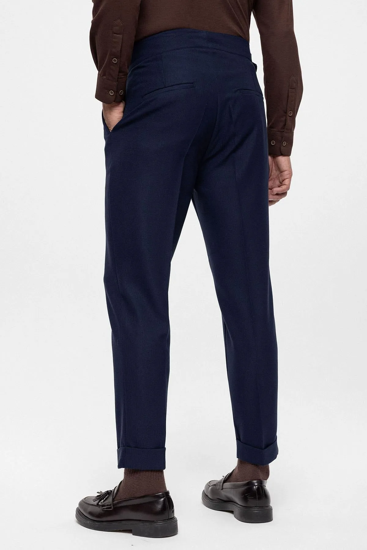 Men's Navy Blue High Waist (Boyfriend) Pleated Fabric Trousers With Buckle Belt - Wessi