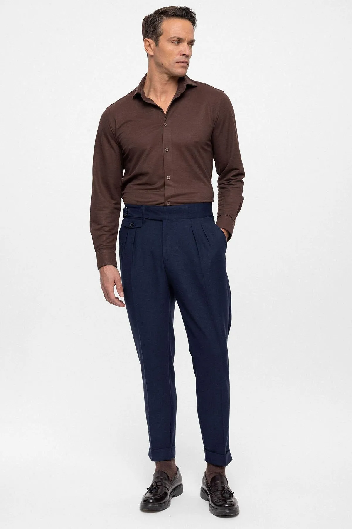 Men's Navy Blue High Waist (Boyfriend) Pleated Fabric Trousers With Buckle Belt - Wessi