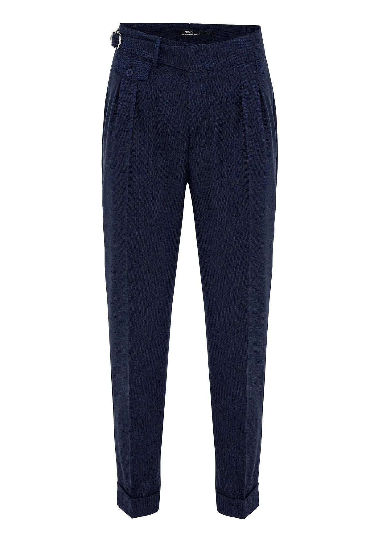 Men's Navy Blue High Waist (Boyfriend) Pleated Fabric Trousers With Buckle Belt - Wessi