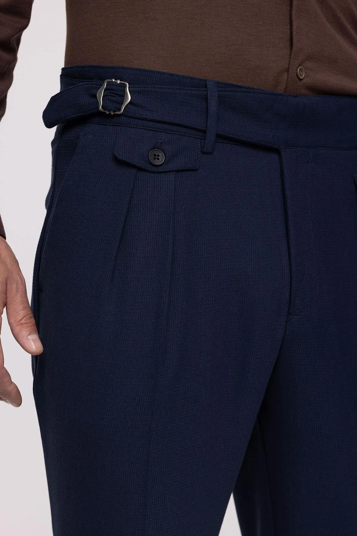 Men's Navy Blue High Waist (Boyfriend) Pleated Fabric Trousers With Buckle Belt - Wessi