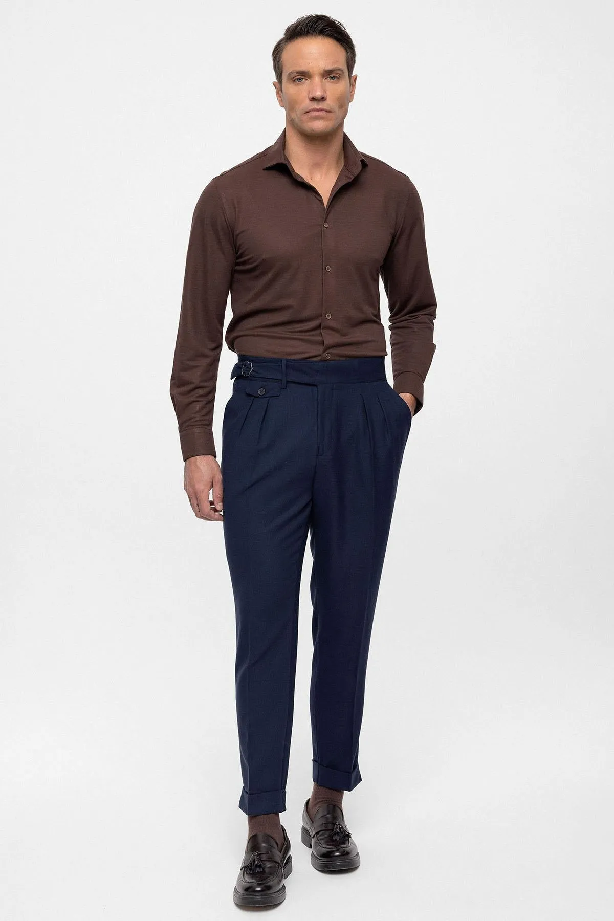 Men's Navy Blue High Waist (Boyfriend) Pleated Fabric Trousers With Buckle Belt - Wessi