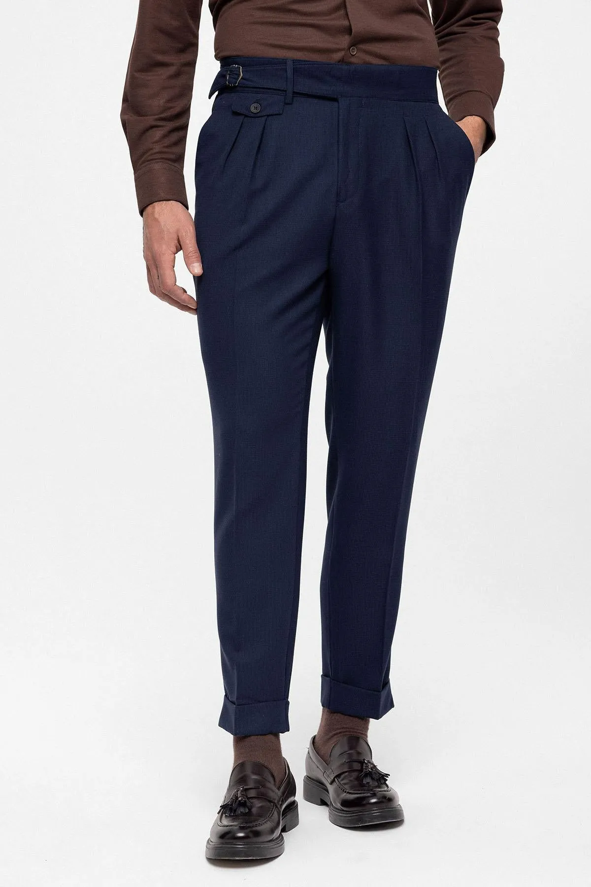 Men's Navy Blue High Waist (Boyfriend) Pleated Fabric Trousers With Buckle Belt - Wessi