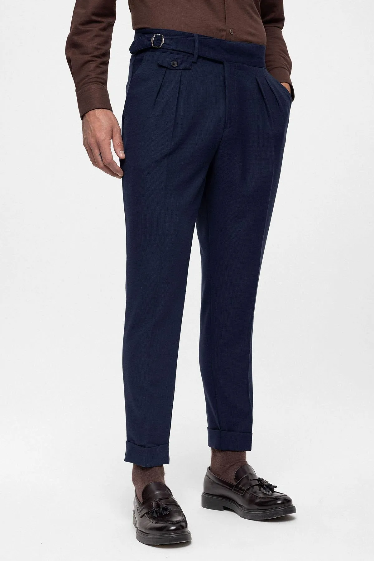 Men's Navy Blue High Waist (Boyfriend) Pleated Fabric Trousers With Buckle Belt - Wessi