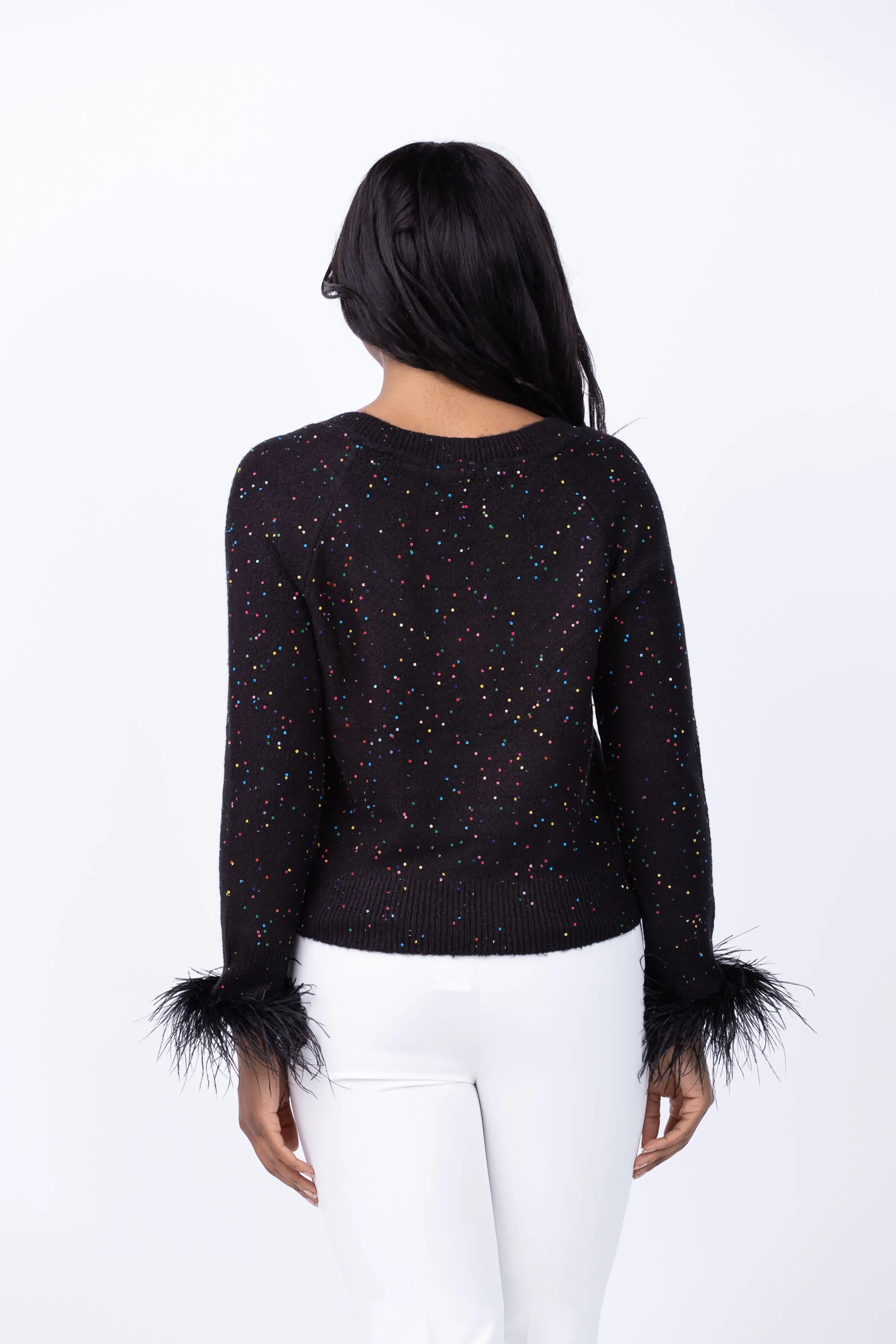 Milly Feather Cuff V-Neck Sequins Sweater in Black Multi