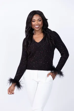 Milly Feather Cuff V-Neck Sequins Sweater in Black Multi