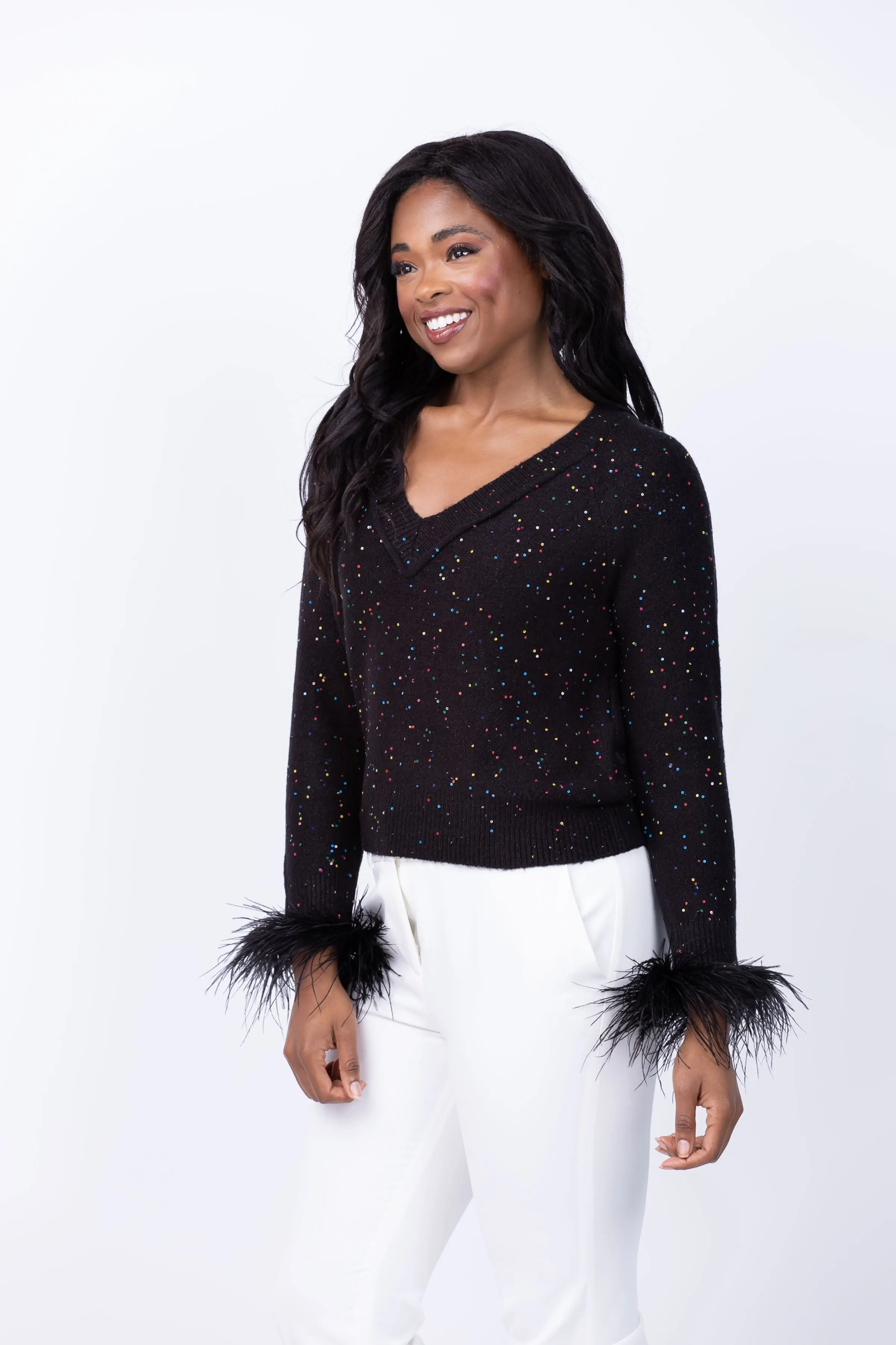 Milly Feather Cuff V-Neck Sequins Sweater in Black Multi