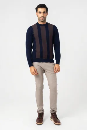 Navy and Brown Round Neck Sweater