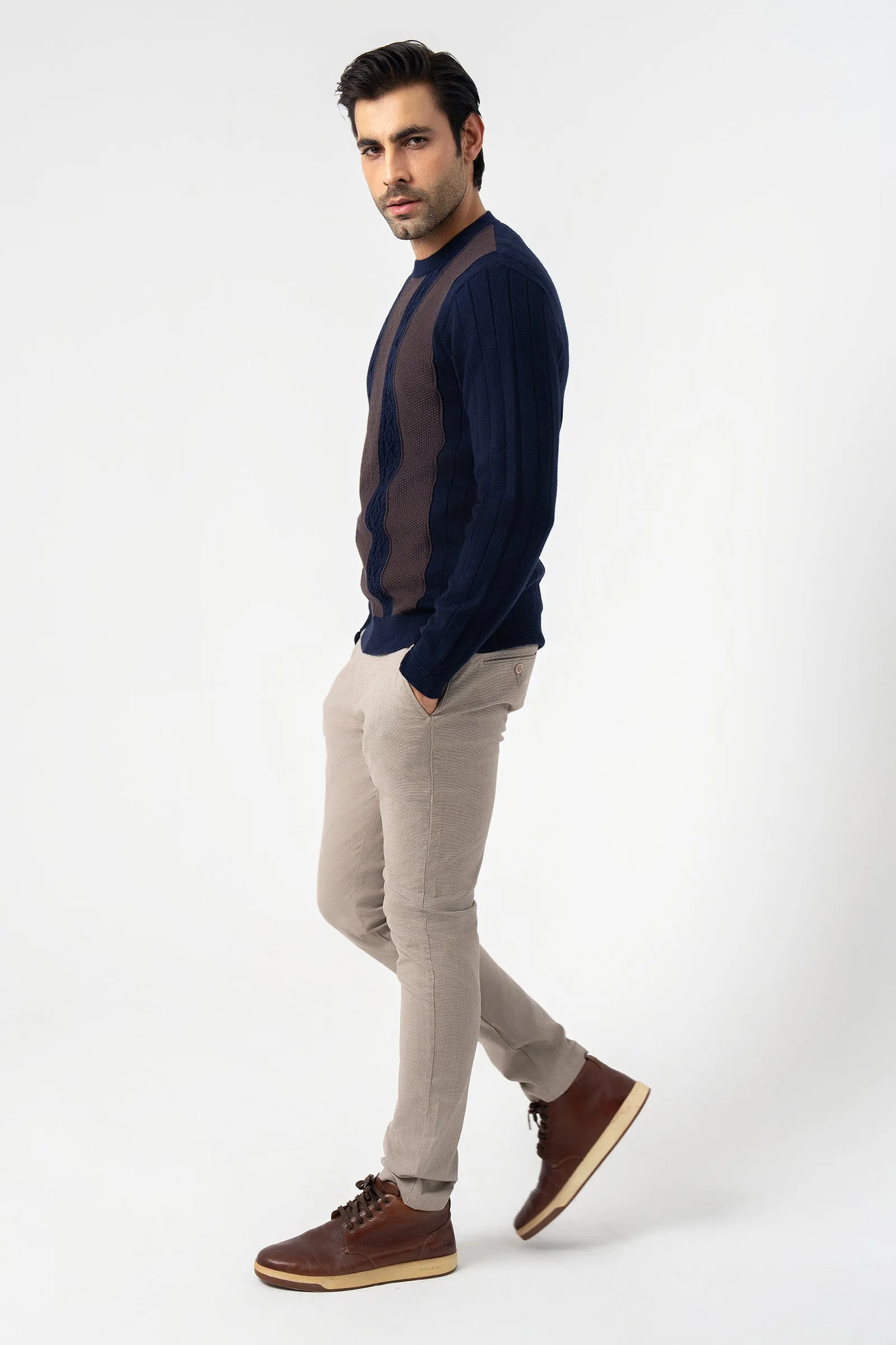 Navy and Brown Round Neck Sweater