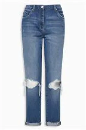 Next Womens Boyfriend Mid Blue Rip Jeans