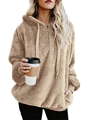 onlypuff Sherpa Pullover Women Sweater Fleece Fuzzy Warm Top with Pockets Khaki L