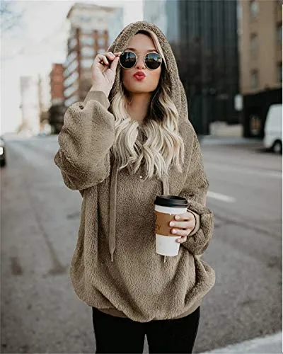 onlypuff Sherpa Pullover Women Sweater Fleece Fuzzy Warm Top with Pockets Khaki L
