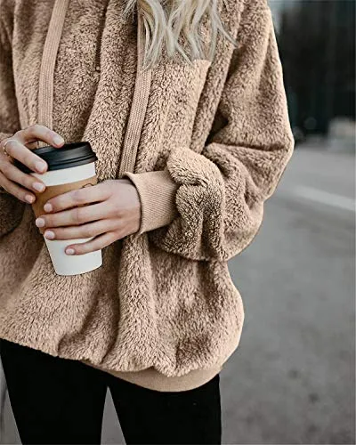 onlypuff Sherpa Pullover Women Sweater Fleece Fuzzy Warm Top with Pockets Khaki L