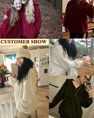 onlypuff Sherpa Pullover Women Sweater Fleece Fuzzy Warm Top with Pockets Khaki L
