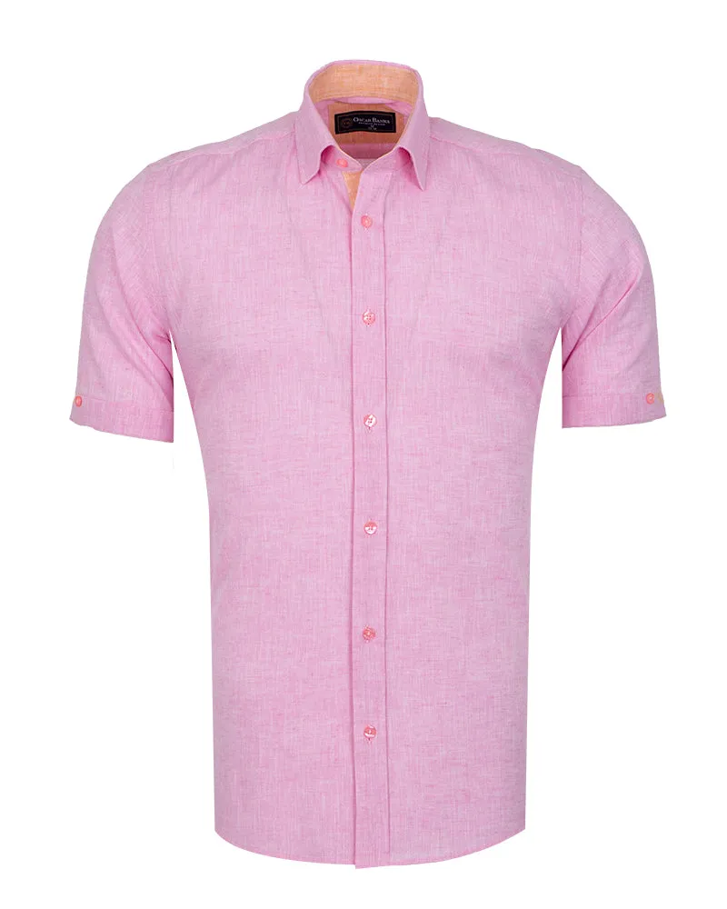 Pink Linen Plain Short Sleeve Shirt