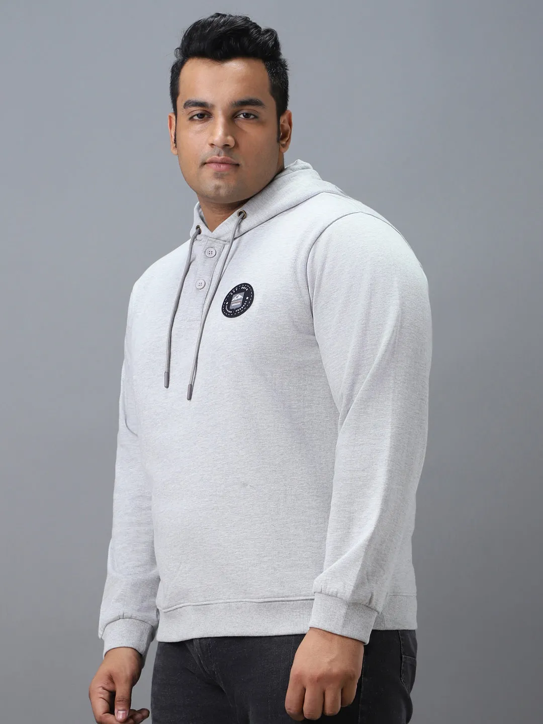 Plus Men's Grey Cotton Solid Button Hooded Neck Sweatshirt