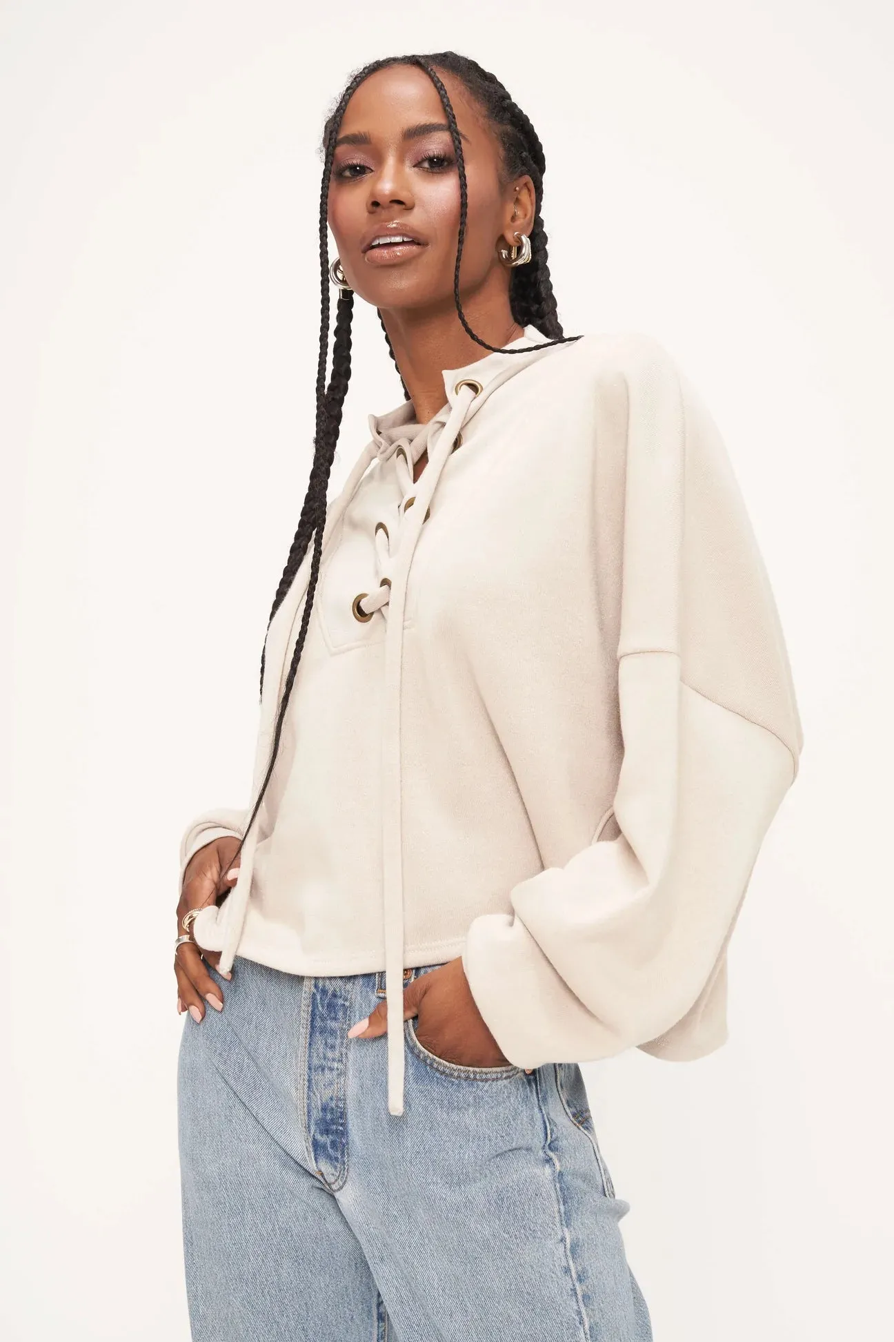 Project Social T Raw Linen Moe Lace Up Sweatshirt