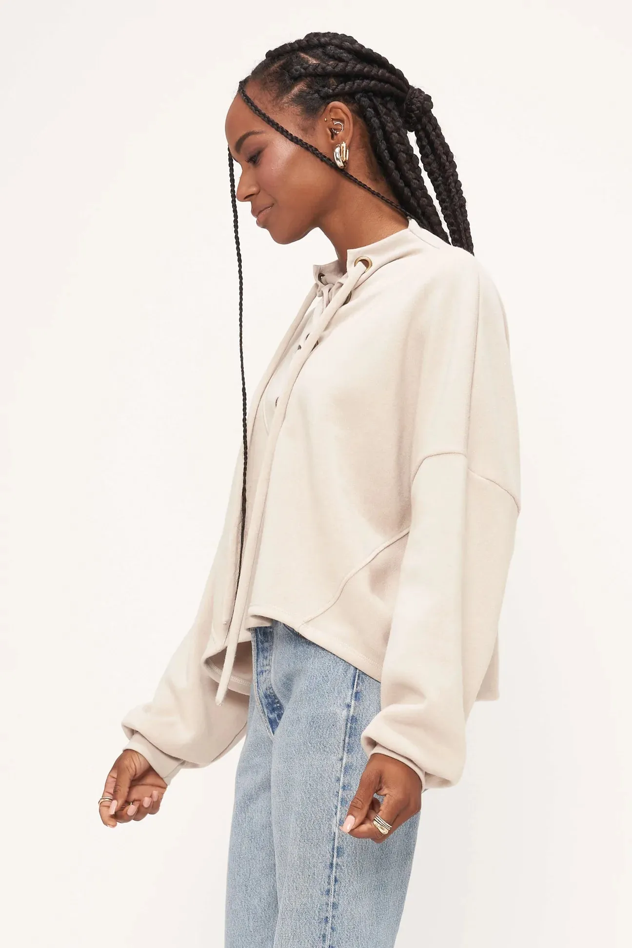 Project Social T Raw Linen Moe Lace Up Sweatshirt