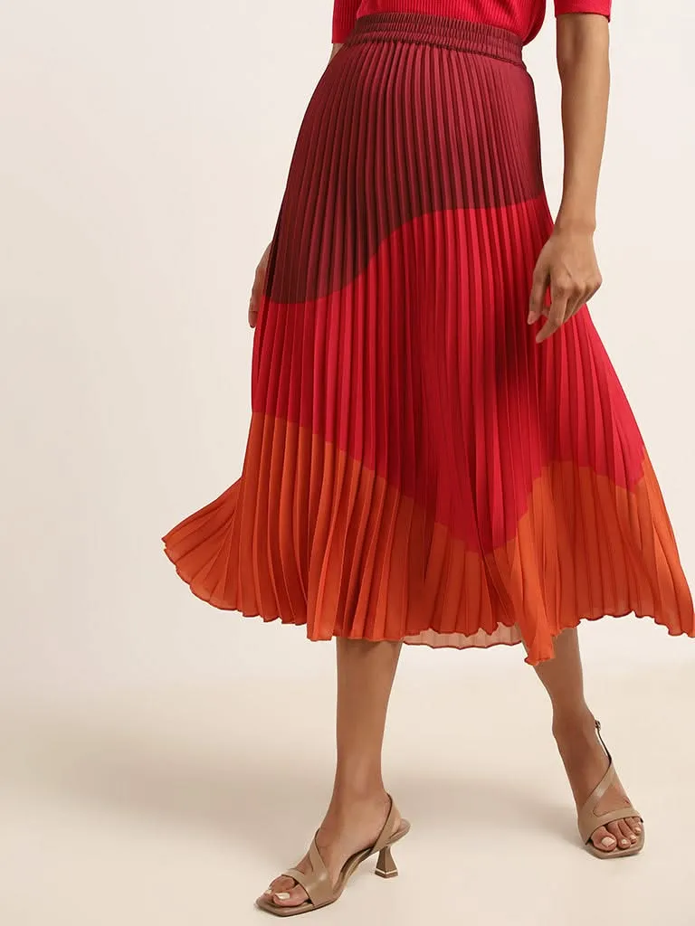 Wardrobe Pink Color-Block Pleated Midi Skirt