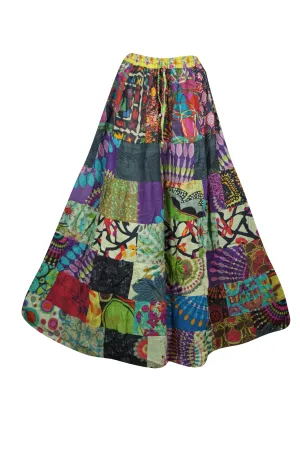 Women Handmade Boho Maxi Skirt | Green Multicolor Floral Patchwork Beauty S/M/L