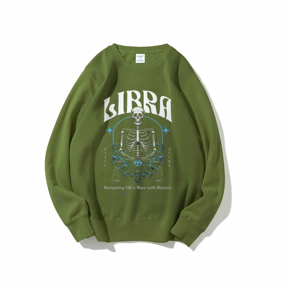 Women Vintage Zodiac Skeleton Libra Graphic Sweatshirts