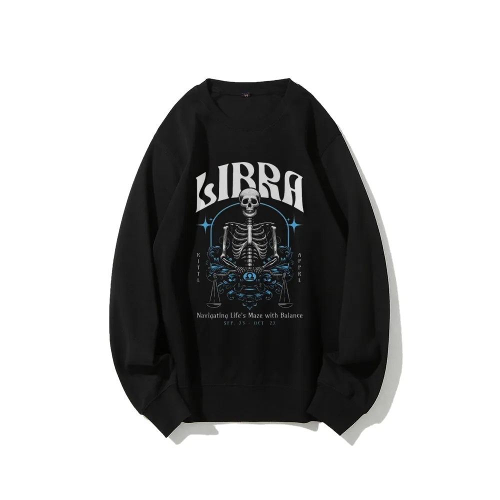 Women Vintage Zodiac Skeleton Libra Graphic Sweatshirts