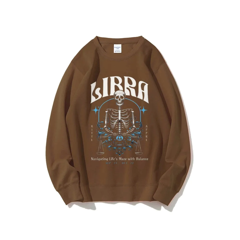 Women Vintage Zodiac Skeleton Libra Graphic Sweatshirts