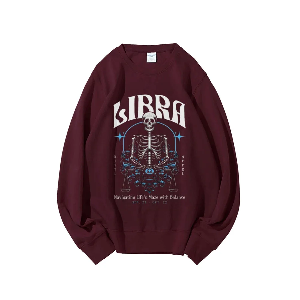 Women Vintage Zodiac Skeleton Libra Graphic Sweatshirts