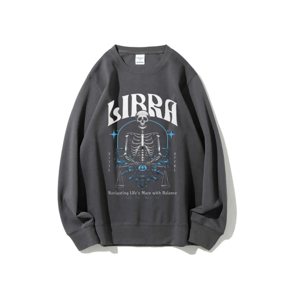 Women Vintage Zodiac Skeleton Libra Graphic Sweatshirts
