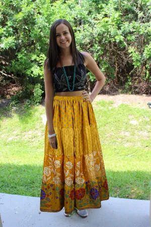 Womens Boho Skirt Honey Yellow Beach Maxi Skirt Patchwork Boho Skirts S/M