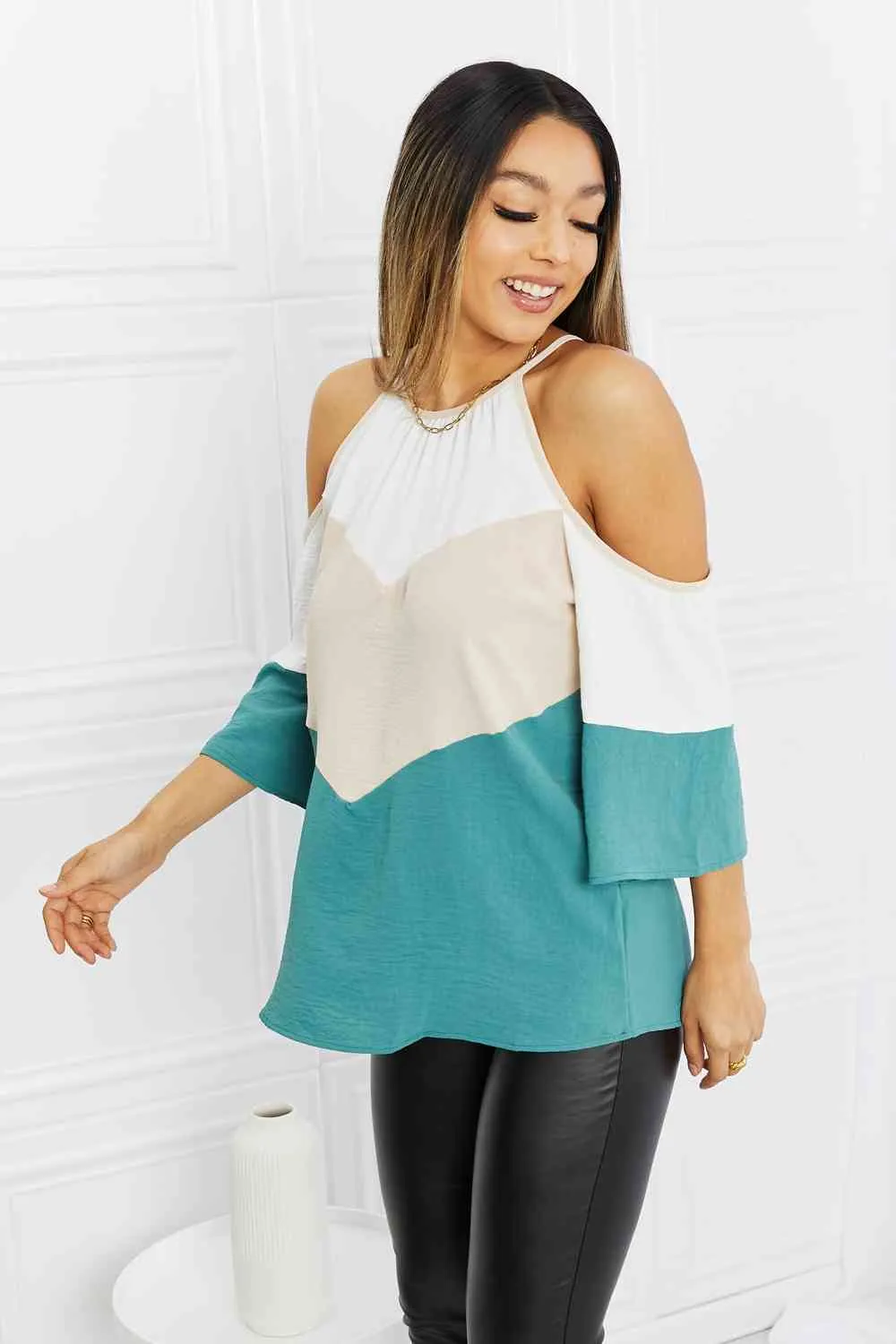 Women's Hailey & Co Full Size Color Block Cold-Shoulder Blouse