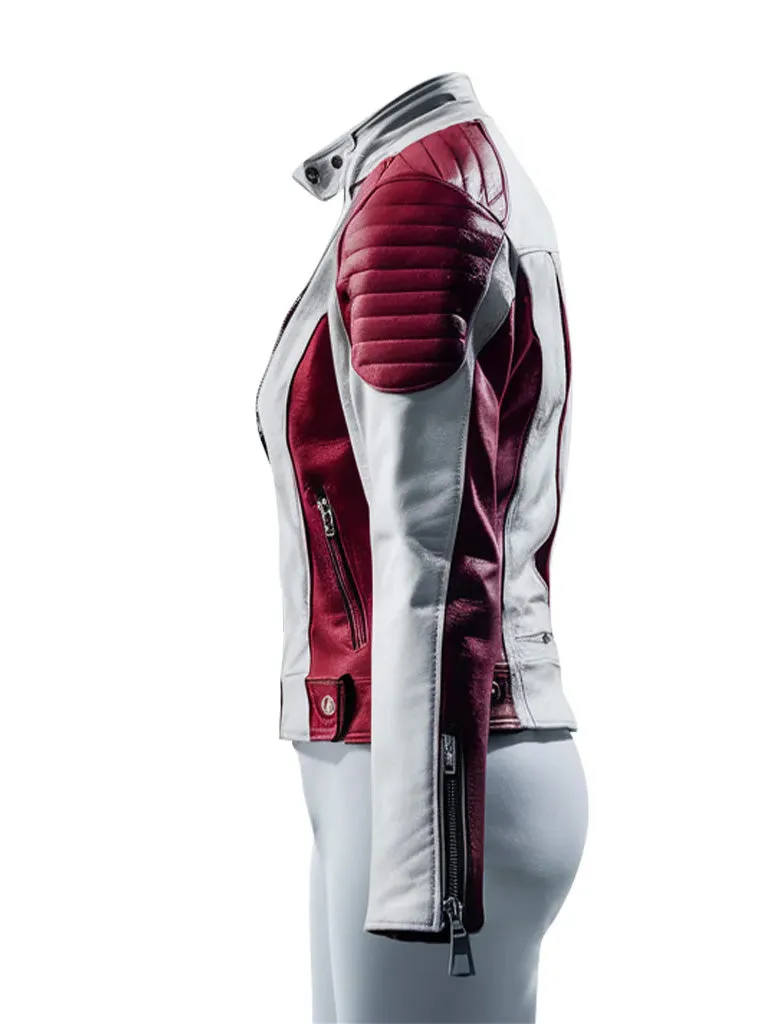 Women’s Red and White Leather Coltello Moto Biker Jacket
