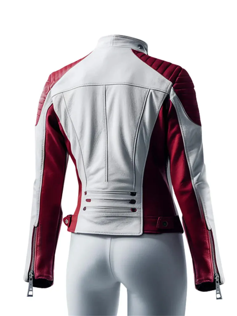 Women’s Red and White Leather Coltello Moto Biker Jacket