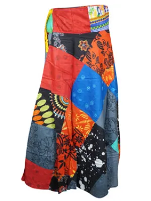 Womens Red Blue Patchwork Boho Midi Skirt  One Size