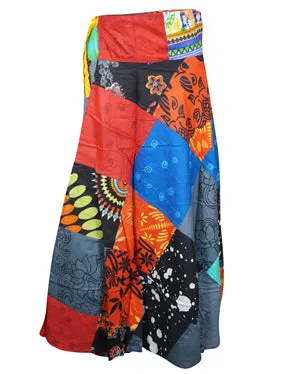 Womens Red Blue Patchwork Boho Midi Skirt  One Size
