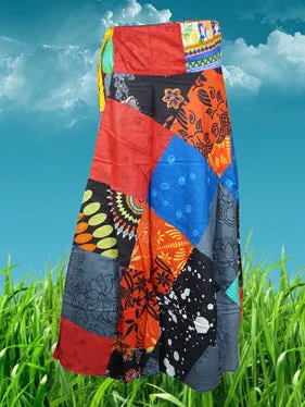 Womens Red Blue Patchwork Boho Midi Skirt  One Size