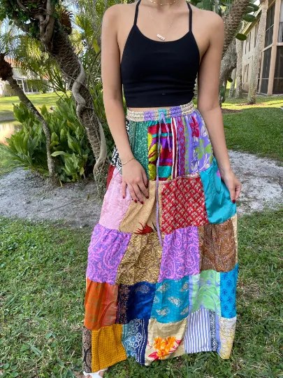 Womens Summer Patchwork Skirt, Blue Recycle Silk Sari Beach Festival Retro Skirts SM