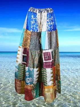 Womens Summer Patchwork Skirt, Blue Recycle Silk Sari Beach Festival Retro Skirts SM