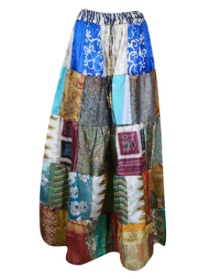 Womens Summer Patchwork Skirt, Blue Recycle Silk Sari Beach Festival Retro Skirts SM
