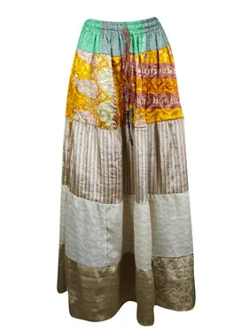 Womens Yellow Beige Flared Maxi Skirt Patchwork Boho Skirts S/M/L
